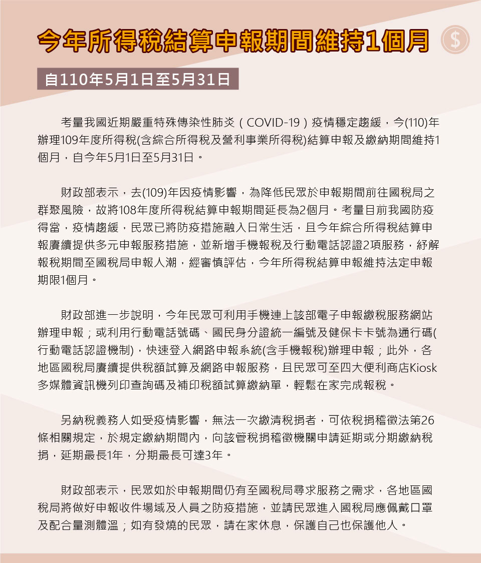 109年所得稅申報期間維持1個月2