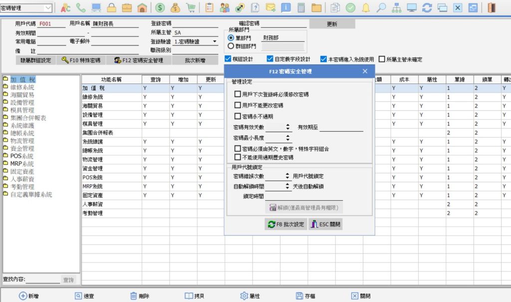 圖：ERP系統用戶權限組態配置圖